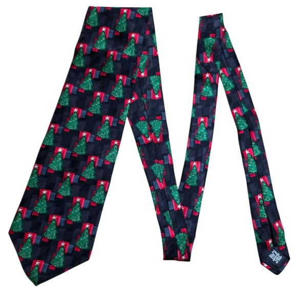 VTG Silk Christmas Tree Neck Tie Black Green Red Gold Holiday Party Hallmark USA - Picture 7 of 7